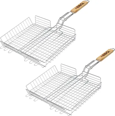 Produktbild von 2er Set Grillkorb aus verchromten Stahl Grillwender Gemüsegrillkorb Grillgitter Grillguthalter Fischhalter