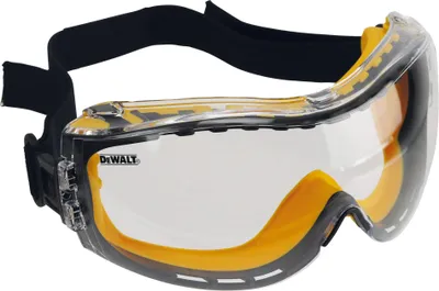 A pair of clear safety goggles with yellow accents and a black strap, shown against a white background.