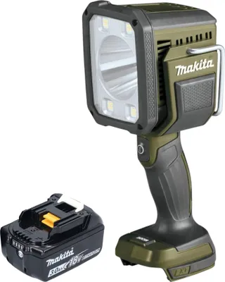 A cordless LED work light and a battery pack are shown against a white background.