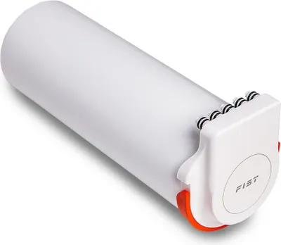 A white cylindrical product with an orange and white attachment at one end, featuring black and white rollers.