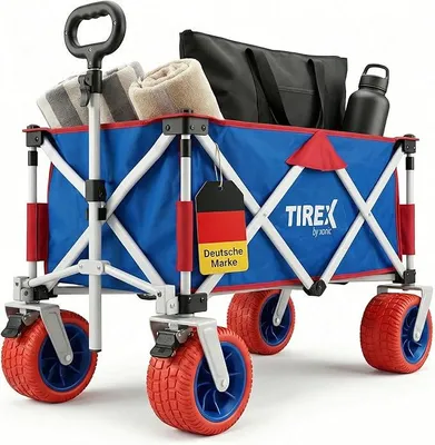 Produktbild von TIREX by Bollerwagen Faltbar PolyurethanXL Rädern aus Vollgummi – Strand & Garten Faltbarer verstellbarem Griff & Fußbremse – Robuster Transportwagen für Kinder & Camping (PU XL Räder, White'n Red)