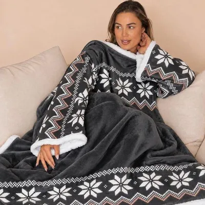 Immagine prodotto di Coperta con cappuccio Unyqoos®, con maniche, in pile esterno e sherpa interno, doppiamente imbottita, 180x130 cm, nera, unisex, taglia unica, 100% poliestere