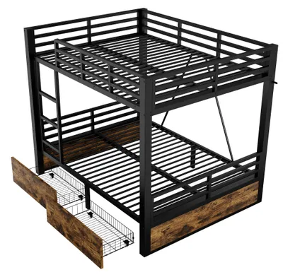 Obrázok produktu pre Poschodová posteľ 140x200 cm, čierna, z kovu, preglejky a MDF, s zásuvkami, rebríkom a bezpečnostnou zábranou, vhodná do spálne