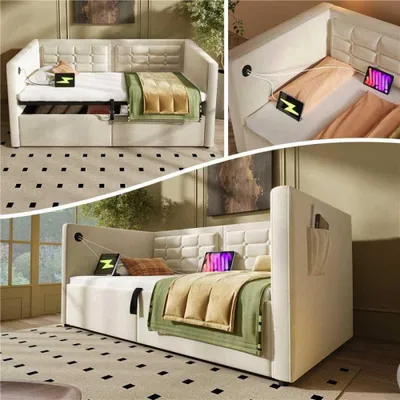 Collage of images showing a beige upholstered sofa bed with storage and charging ports, set up in a room.