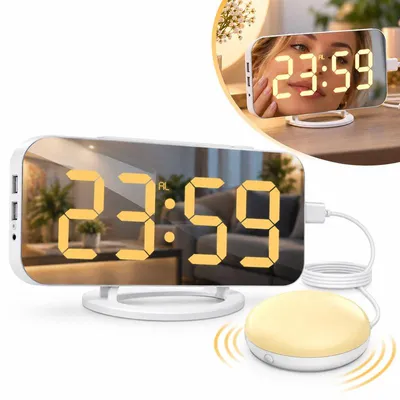 Produktbild von Spiegelwecker mit Vibrationswecker, LED Digitalwecker mit Snooze, Nachtlicht, 2 USB Ausgängen, automatischer Dimmung und Speicherfunktion
