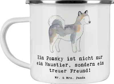 Produktbild von Mr. & Mrs. Panda Teetasse Pomsky Freund - Weiß - Geschenk, Hunderassen Eigenschaften, Pflege, Familienmitglied, Emaille Tasse, Pott, Teebecher, becher, Hundeliebhaber