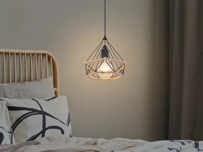 Produktbild von LED Pendelleuchte mit Hanfseil für über Esstisch, Drahtgestell Lampenschirm 25cm