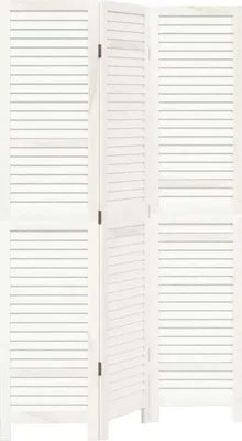A white, three-panel room divider with slatted panels.