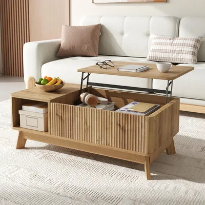 Produktbild von Merax Couchtisch mit Hubfunktion mit Wellenoptik, Wohnzimmertisch aus MDF mit Stauraum und offenem Fach, Lift-Couchtisch Beistelltisch, Natur