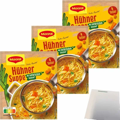Produktbild von Maggi Guten Appetit Hühner Suppe mit Nudeln 3er Pack (3x60g Tüte ergibt 3x1 Liter) + usy Block