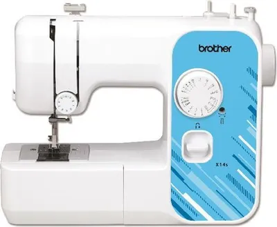 A white and blue Brother sewing machine is shown against a white background.