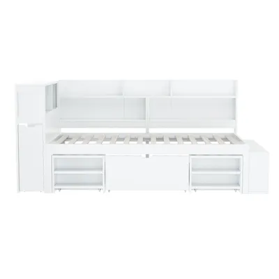 Produktbild von Flieks Holzbett Klassisches Bett Stauraumbett 90x200cm mit Ausziehbarem Schrank, Einzelbett Jugendbett mit Staufach, Kinderbett mit Lattenrost, Weiß