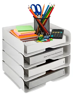 Produktbild von Stapelbare A4 Ablagefächer, Ordnungssystem für das Büro, 4-stöckiger Ablagekorb, Dokumentenablage, 31,5 x 24,5 x 7 cm, für Papier, Zeitschriften, Quittungen, Bürobedarf (weiß)