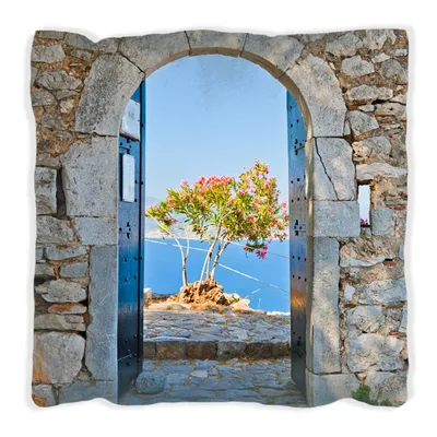 Produktbild von Wallario Premium Kissen, weiche Oberfläche, mit Motiv Torbogen Toskana, Größe: 40 x 40 cm, mit weißer Rückseite