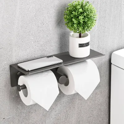 Produktbild von Bohrfreier Toilettenpapierhalter mit Ablage, selbstklebend, zur Wandmontage, doppelter Toilettenpapierhalter aus Aluminium, 31 cm, grau