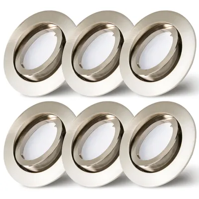 Image de Lot de 6 spots encastrables en fer brossé Ø68 mm, perçage et fermeture à baïonnette avec module LED 5 watts 400 lumens blanc chaud 2700 K ultra plat 30 mm orientable