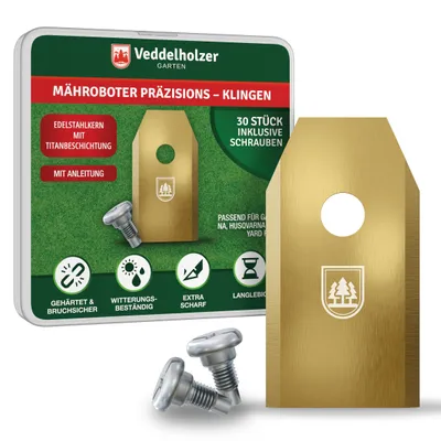 Produktbild von Veddelholzer 30 Mähroboter Klingen aus Edelstahl mit Titan beschichtet Mähroboter Ersatzmesser kompatibel Gardena, Husqvarna, Yardforce,uvm. Schrauben