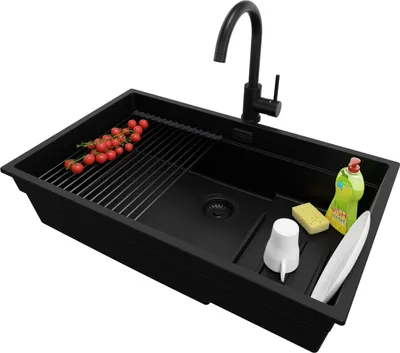 Produktbild von PRIMAGRAN Unterbauspüle Granit Alles Schwarz 76x47cm, Spülbecken 1 Becken + Ablauf-Set + Küchenzubehörset, Granitspüle ab 80er Unterschrank - Praga