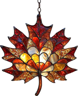 Produktbild von Herbstlicher Ahornblatt-Fensterschmuck, Herbstblatt-Sonnenfänger, Buntglas-Wandkunst für Thanksgiving, Herbstdekoration für drinnen und draußen