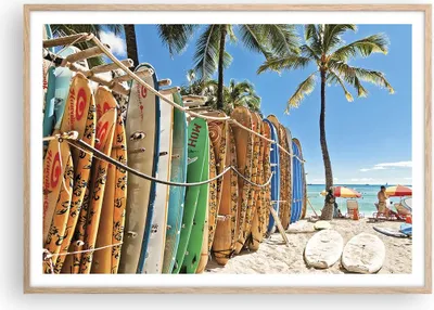 Produktbild von Gerahmtes Poster - Rahmen in heller Eiche - Board Surfen Strand - 100x70 cm - Wand Bild - Wanddeko - Wandbilder - Wandposter - Bilderrahmen - Bilder - Kunstdruck - Wandbild - P2NAA100x70-4165