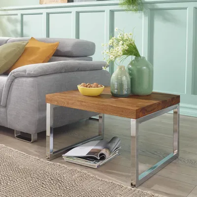 Immagine prodotto di FineBuy tavolino quadrato 60cm in legno massello di sheesham con struttura cromata, tavolo da salotto di design, tavolo da divano con struttura in metallo, tavolino in vero legno
