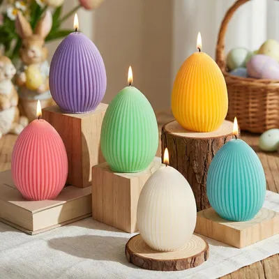 Productafbeelding van Set van 6 paaskaarsen in eivorm, mini-paaseikaarsen, theelichtjes, bloesem, vruchten, geurkaarsen, set van 80 g, macaron-kleur, paasei-kaars, cadeau