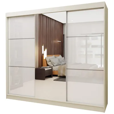 Produktbild von 240 cm Kleiderschrank Vena mit Spiegel inklusive 3 Schiebetüren Schwebetürenschrank Farbe: kaschmir, lacobel kaschmir)