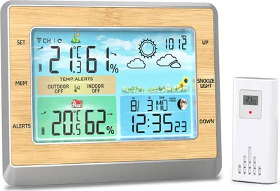 Obrázek produktu pro Meteostanice Bezdrátový vnitřní/venkovní teploměr 6palcový barevný LED displej Monitor teploty/vlhkosti s tlakem vzduchu USB port pro nabíjení 4 úrovně jasu