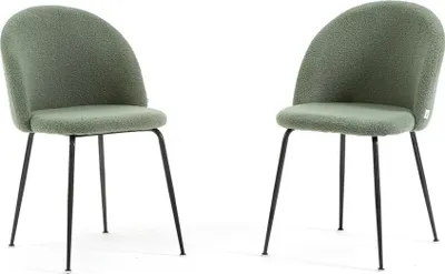 Immagine prodotto di Set di 2 sedie da pranzo in tessuto teddy, imbottite con gambe in metallo, sedie moderne per cucina, sala da pranzo, bar e ristoranti SARA - Verde salvia / Grigio scuro