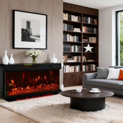 A modern living room with an electric fireplace, bookshelves, and a sofa.