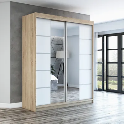 Produktbild von Schwebetürenschrank, 2-türig Schrank ERA 180 cm (mit Spiegel) Sonoma / weiß / weiß