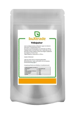 A pouch of powdered egg product with nutritional information and branding.