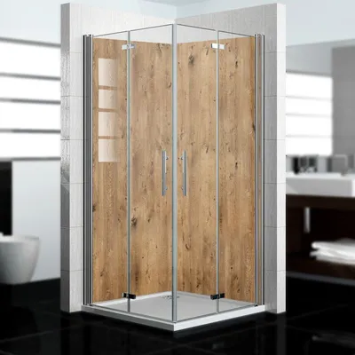 Produktbild von dedeco Eck-Duschrückwände Aluminium wasserfest Motiv: Holz V5, 2 x 90x200x0,3cm, Badrückwand, Fliesenersatz fugenlos Wandverkleidung Wandpaneele,  Germany