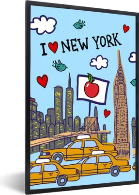 Produktbild von MuchoWow® MuchoWow® Gerahmtes Poster New York - Zeichnung - Taxi 60x90 cm - Poster mit zchwarzem Bilderrahmen - Kunst