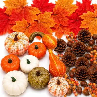 Productafbeelding van Kunstpompoenen en herfstdecoratieset - Met esdoornbladeren, eikels en denappels - Voor tafeldecoratie - 141-delig