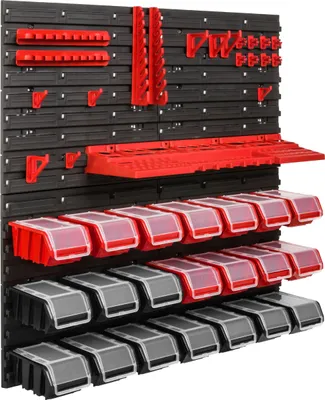 Obrázek produktu pro Skladovací systém Dílenské regály | 78 x 78 cm | 21 ks. Box | Nástěnný regál s držáky na nářadí a stohovatelnými boxy - Nástěnné desky Extra silné regály s přihrádkami Nástěnná deska s otvory pro nářadí Skladovací regál Garážový regál