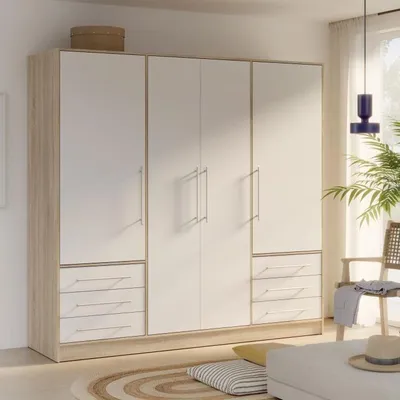 Image de Armoire 4 portes, 6 tiroirs, Chêne et blanc, L 206 x P 60 x H 200 cm, JUPITER