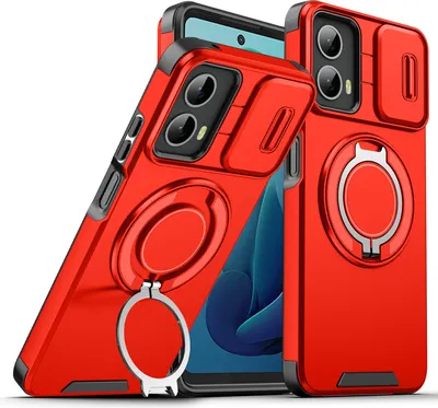 Image de Etui double couche pour Motorola Moto G 5G 2024, avec couvercle coulissant pour l'appareil photo et anneau magnétique Rouge
