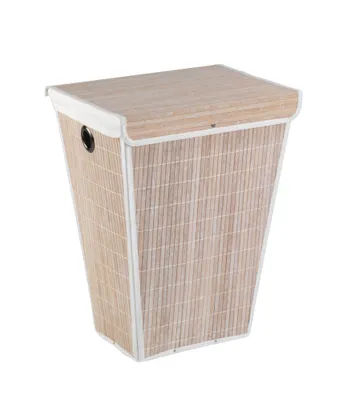 A laundry basket made of bamboo with a white trim and lid, shown against a white background.