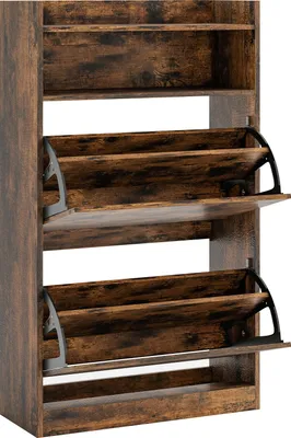 Zdjęcie produktu dla COSTWAY szafka na buty z 2 klapami, wąski organizer na buty z otwartą przestrzenią do przechowywania, wolnostojący drewniany stojak na buty 60x24x102 cm do przedpokoju, korytarza (brązowy)