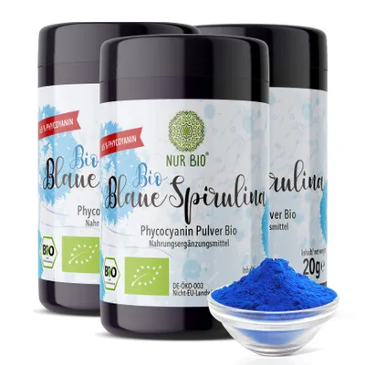 Produktbild von NUR BIO® Blue Spirulina Bio 3x 20 g Set, mit 65% Phycocyanin, vitaminreiche Nahrungsergänzung und natürliche Lebensmittelfarbe blau, Mikronährstoffe