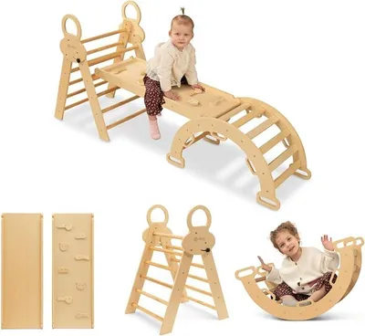 Produktbild von Montessori Indoor Spielset: 7-in-1 Klettergerüst mit Rutsche & Bogen für Kleinkinder und Kinder (1-3 Jahre) (Naturholz)
