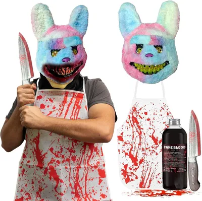 Zdjęcie produktu dla Straszny Kostium Królik na Halloween Maska Nóż Sztuczna Krew Strój Zestaw