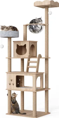 Produktbild von Mondeer Kratzbaum XXL 184 cm mit Herausnehmbaren Plüschkissen und Transparenter Kapsel Natur-Hellbraun