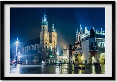Produktbild von Bild - Bilderrahmen - 100 cm x 70 cm - MDF - Rahmen - Foto - Wandkunst Krakau bei Nacht