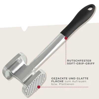 Produktbild von Fackelmann Fleischklopfer 28 cm, Fleischhammer aus Aluminium, Schnitzelklopfer mit 2 Klopfflächen (Farbe: Silber/Schwarz)