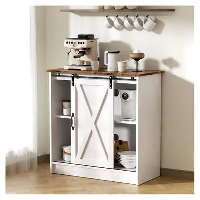 Produktbild von Weißer Kaffeebarschrank im Bauernhausstil mit Stauraum, Kaffeebartisch und Schiebetür, verstellbare Regale für Küche, Esszimmer, Wohnzimmer