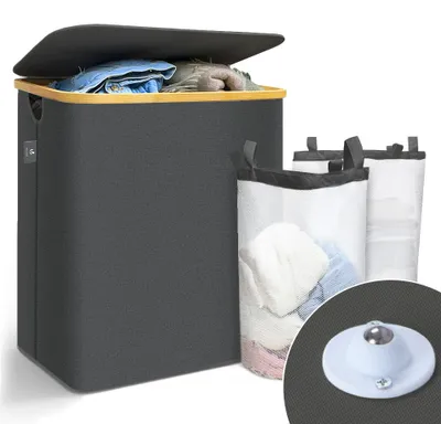 Produktbild von VOUNOT® Wäschekorb mit Deckel & Wäschesäcke 145L, Faltbarer Wäschesammler 2 Fächer, Grau