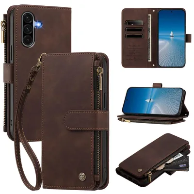 Produktbild von Handyhülle für Samsung Galaxy A36 / A56, Leder Klapphülle mit Kartenfächern, Reißverschlussfach und Handschlaufe Braun