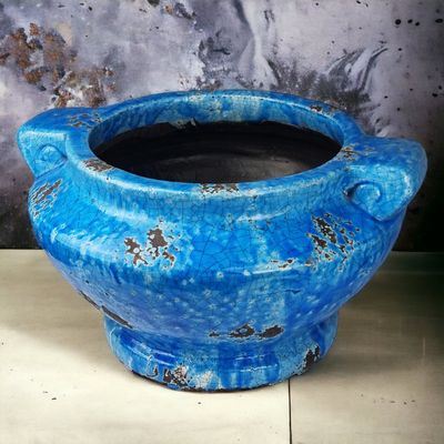 XL Vase Dekovase Keramik Used Look blau Rostoptik Blumenvase für Kunstblumen